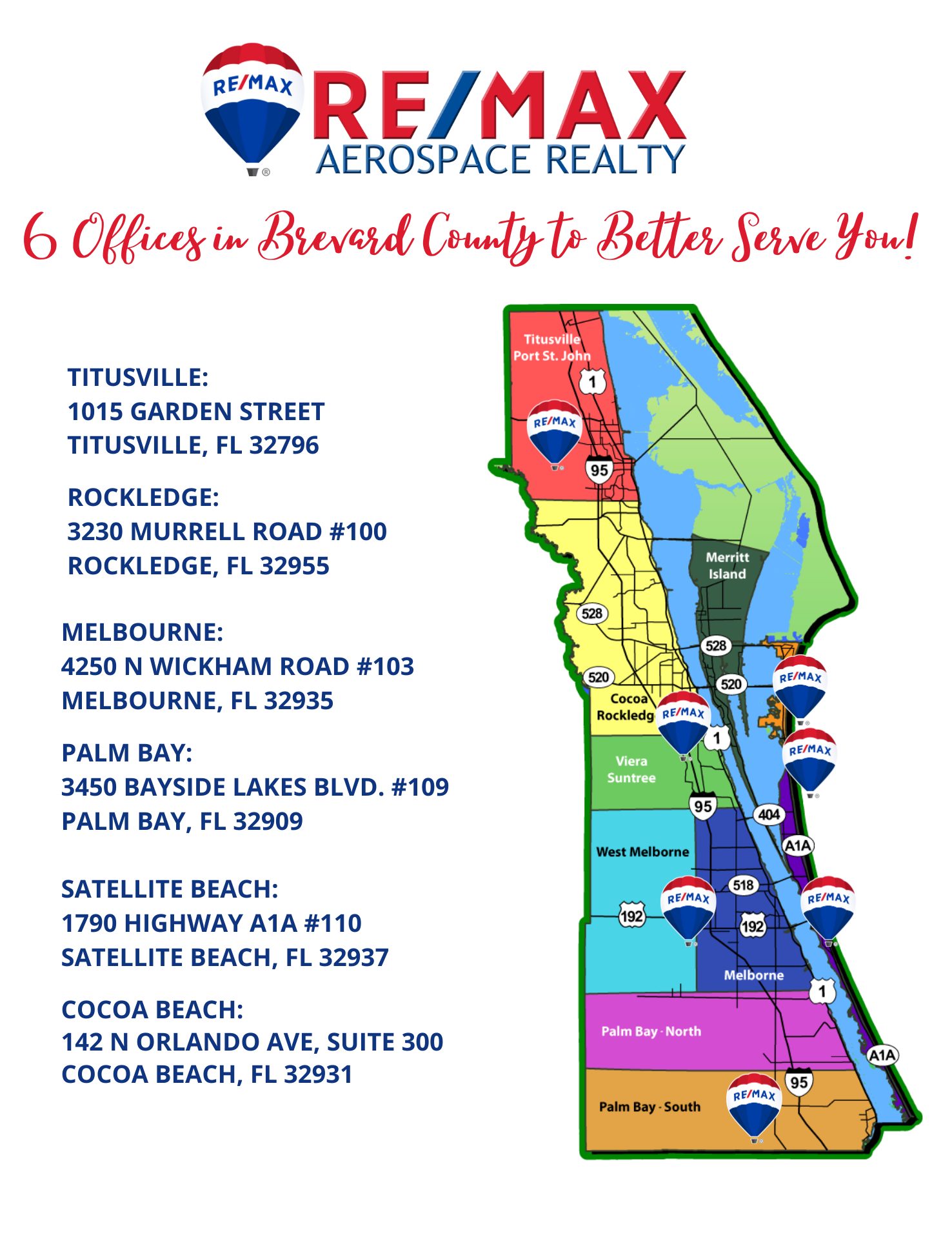 RE/MAX Aerospace Realty - 7 Locations to Better Serve Brevard County - Rockledge: 3230 Murrel Road #100, Rockledge, FL 32955 - Melbourne: 4250 N. Wickham Road #103, Melbourne, FL 32935 - Palm Bay: 3450 Bayside Lakes Blvd #109, Palm Bay, FL 32909 - Satellite Beach: 1790 Highway A1A #110, Satellite Beach, FL 32937 - Cocoa: 3815 N. US Highway 1 #108, Cocoa, FL 32936 - Cape Canaveral: 6910 N. Atlantic Ave., Cape Canaveral, FL 32920 - Titusville: 4987 S. Washington Ave., Titusville, FL 32796 - 321-631-5511 - www.aerospacerealty.com